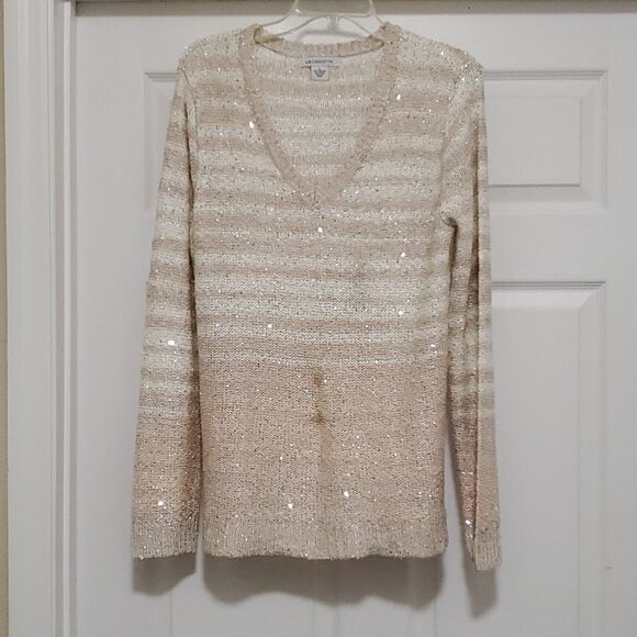 Liz claiborne cream long sleeve sequins sweater womens Large - Picture 1 of 9